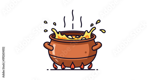 Charming cartoon: brown pot on stovetop, actively boiling vibrant yellow liquid with energetic splashes, rising steam, embodying warm homemade