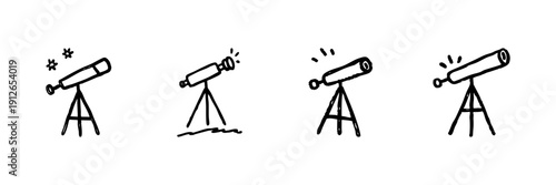 Telescopes Line Icon Set In Doodle Style. Astronomy Exploration, Stargazing, And Space Observation Outline Sketch Collection. Hand Drawn Isolated Vector Illustration