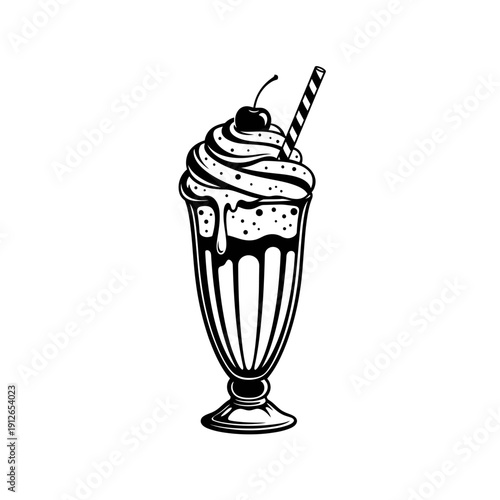 Milkshake Silhouette Illustration with Straw and Whipped Cream, Sweet Beverage Vector, Diner Drink Menu and Cafe Branding Icon