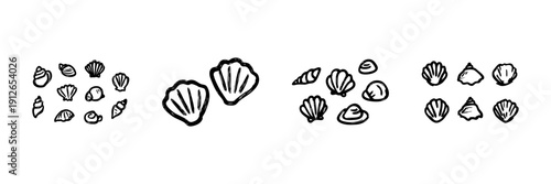 Seashell Collection Line Icon Set In Doodle Style. Marine Life, Beach Decor, And Oceanic Theme Outline Sketch Collection. Coastal And Nautical Elements. Hand Drawn Isolated Vector Illustration
