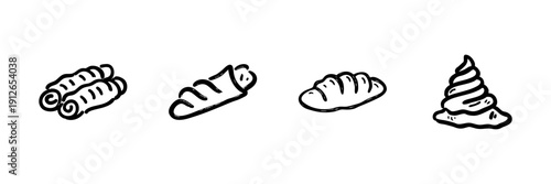 Bakery Goods Line Icon Set In Doodle Style. Bread, Pastry, And Dessert Outline Sketch Collection. Hand Drawn Isolated Vector Illustration