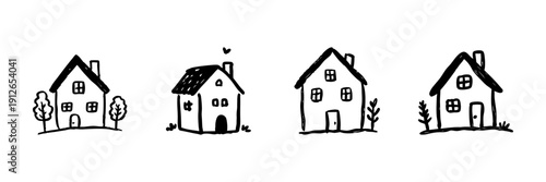 Charming House Line Icon Set In Doodle Style. Residential Architecture And Home Design Outline Sketch Collection. Cozy Living And Real Estate Concepts. Hand Drawn Isolated Vector Illustration