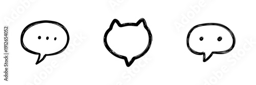 Speech Bubble And Cat Face Line Icon Set In Doodle Style. Communication, Expression, And Social Interaction Outline Sketch Collection. Hand Drawn Isolated Vector Illustration