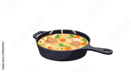 Hearty animated skillet stew featuring chicken, vegetables, and noodles in a rich, warm broth for a comforting meal