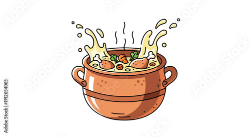 Vibrant culinary concoction energetically bubbling and splashing within a rustic earthenware pot, showcasing a rich and inviting homemade meal