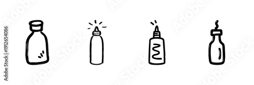 Bottles And Tubes Line Icon Set In Doodle Style. Cosmetic And Art Supplies Packaging Outline Sketch Collection. Hand Drawn Isolated Vector Illustration