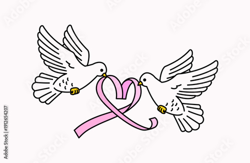 Cute vector illustration of two white doves flying while holding a pink ribbon shaped like a heart. Perfect for love, wedding, peace, and romance themes.