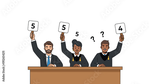 Panel of diverse judges holding up scorecards with varying marks, one displaying confusion, during a competition or evaluation event.