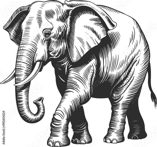 African elephant walking side view black and white hand drawn engraving style illustration