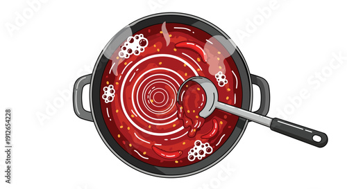 Vibrant red sauce simmers in dark pot, chili peppers, bubbles. Ladle stirs piquant liquid, depicting rich, aromatic, spicy culinary creation for