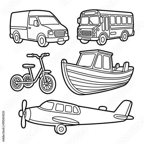 Vehicles Set Illustration: A charming assortment of essential vehicles is artistically sketched with clean lines, including a delivery van, school bus, bicycle, boat, and airplane.