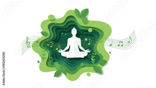 Serene paper cut-out illustration of a person in a meditative lotus pose, surrounded by lush green leaves and musical notes.