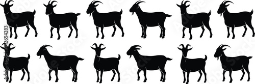 Goat silhouettes collection with standing farm animal poses isolated on white background vector illustration domestic livestock set