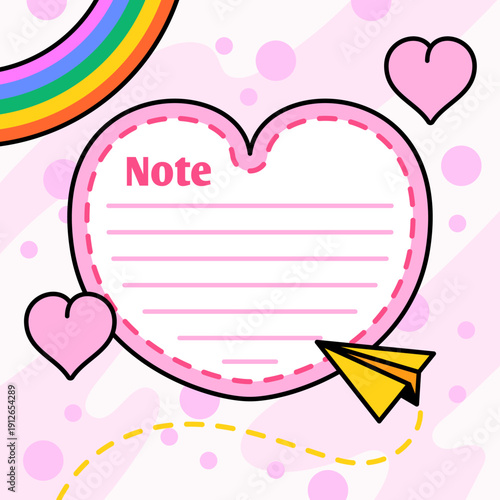Adorable pink heart note template with dashed inner border, lined writing space, rainbow accent, small hearts, and paper airplane vector illustration perfect for love message, diary, planner