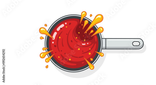 Vibrant cartoon depiction of a simmering red sauce vigorously bubbling and intensely splashing from a metallic gray pan, illustrating spirited