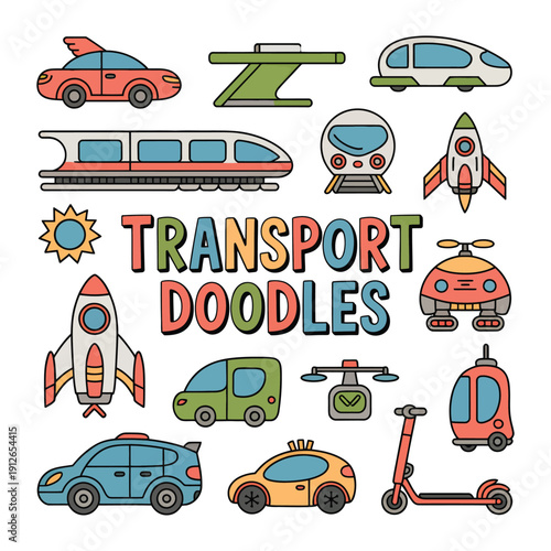Transport Doodles: A playful collection of diverse transportation illustrations, from cars and trains to futuristic concepts, all designed in a charming doodle style.