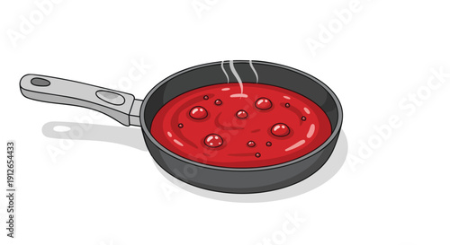 Vibrant red sauce bubbling and steaming gently in a dark frying pan clearly depicting a cooking process for culinary creations and kitchen themes