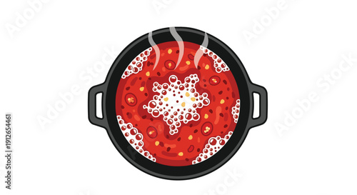 Vibrant crimson liquid actively simmers in a dark culinary pot with frothy surface patterns.