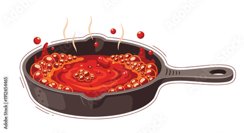 A vibrant illustration of rich red sauce vigorously bubbling and simmering within a rustic cast iron pan indicating intense heat and flavorful