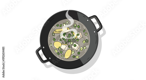 A vibrant illustration of a wholesome, steaming broth simmering with fresh vegetables and protein in a dark pot