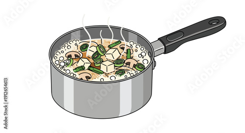 A vibrant illustration of a healthy simmering Asian-inspired soup with tofu mushrooms and scallions creating a wholesome meal