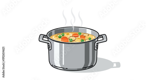 Wholesome vegetable stew prepared with colorful carrots, vibrant green peas, and savory mushrooms, steaming in a polished metal cooking pot,