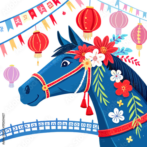 A decorated blue horse head features bright red and white floral arrangements on its bridle and mane for a festival.