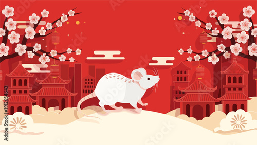 Elegant white mouse depicted in a traditional Chinese New Year setting, adorned with cherry blossoms, lanterns, and ancient buildings.