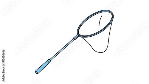 Simple, clean line drawing of a butterfly net with a long handle and a deep net, ideal for catching insects or small aquatic creatures.