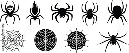 Spider silhouette icons, web design symbols, vector illustration, black art, minimal layout, creepy graphics