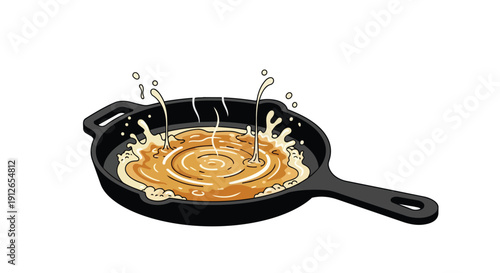 A dynamic cartoon illustration captures the essence of cooking with golden liquid vigorously bubbling and splashing inside a robust black cast iron