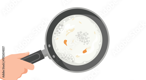 A hand holding a frying pan with a creamy mixture gently bubbling, featuring golden pieces, perfectly illustrating the joy of home cooking and meal