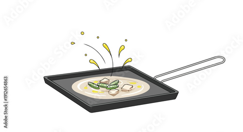 A vibrant culinary illustration showcasing fresh ingredients sizzling in a square pan with dynamic splashes of oil, perfectly capturing the essence