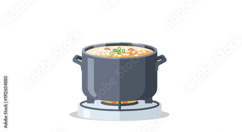 A stylized cooking pot with bubbling stew on a vibrant gas burner