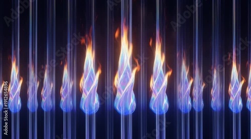 Psychedelic iridescent holographic flames flow up vertical tubes abstract scifi energy background