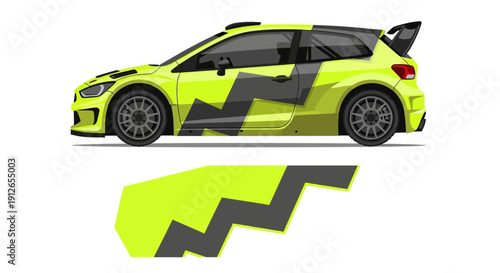 High-contrast neon yellow race car with angular wrap design and reflection.