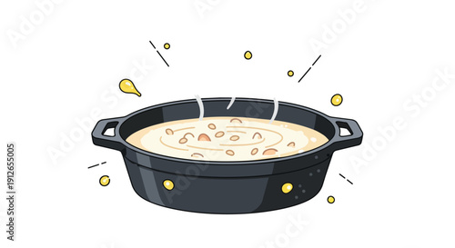 A captivating digital illustration depicting a steaming pot filled with creamy, wholesome food and engaging ingredients, radiating culinary warmth