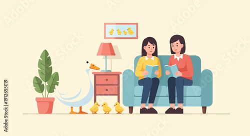 Two women read books on a sofa, accompanied by a goose and chicks