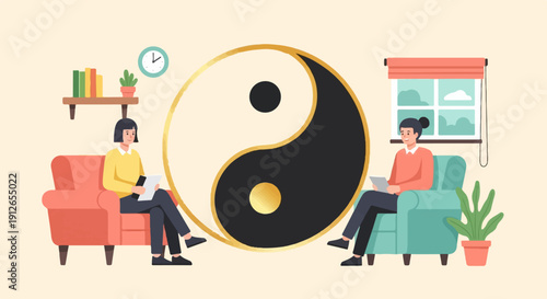 Two people converse in armchairs flanking a prominent Yin and Yang symbol