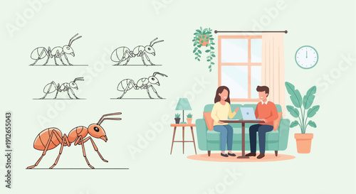 Two people work on laptops in a living room with ants