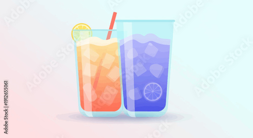 Two tall glasses with refreshing ice-filled drinks, one orange, one blue