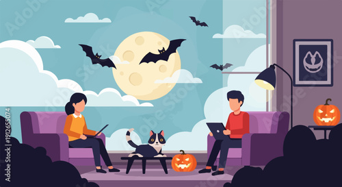 Two people and a cat in a living room on Halloween, with a full moon and bats outside