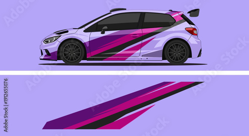 Sleek sport car with bold purple and pink graphic design on lavender background.