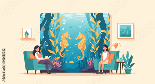 Two women relax in a living room with a large aquarium featuring seahorses