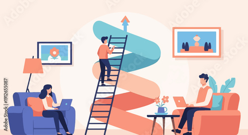 Two people work on laptops in a living room, a man climbs a spiral ladder