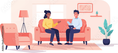 Two people conversing in a cozy living room with furniture and a plant