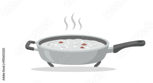 A vibrant vector illustration showing a steaming pan of hot food. White grains and red elements are visible, creating inviting rising steam, ideal