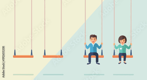 Two people enjoy swinging, while three swings remain empty on a colorful playground
