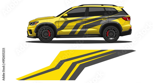 Yellow and black racing SUV with bold graphic stripes and dynamic design.