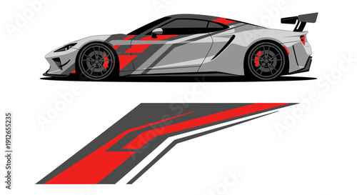 Dynamic gray and red racing sports car with bold decals, sleek silhouette and aerodynamic styling.